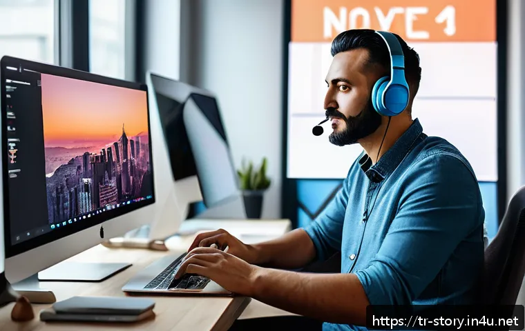스토리텔러 관련 직업군과 산업 성장 전망 - A modern digital storyteller working at a sleek home office, surrounded by multiple screens displayi...