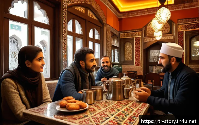 스토리텔러 관련 학습 자료와 추천 도서 - A cozy Turkish caf&eacute; scene where a young storyteller, dressed in casual modern clothes, passionately ...