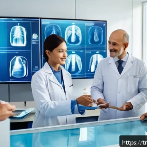 Home 33 스토리텔러와 다양한 산업의 연결성 - A modern healthcare technology scene illustrating a diverse group of professionals collaborating in ...