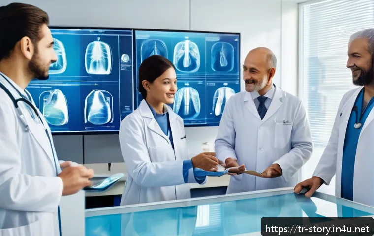 스토리텔러와 다양한 산업의 연결성 - A modern healthcare technology scene illustrating a diverse group of professionals collaborating in ...