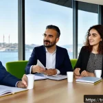 Home 20 스토리텔러 자격증의 글로벌 인증 가능성 - A modern corporate office scene in Istanbul, showing a diverse group of Turkish professionals engage...