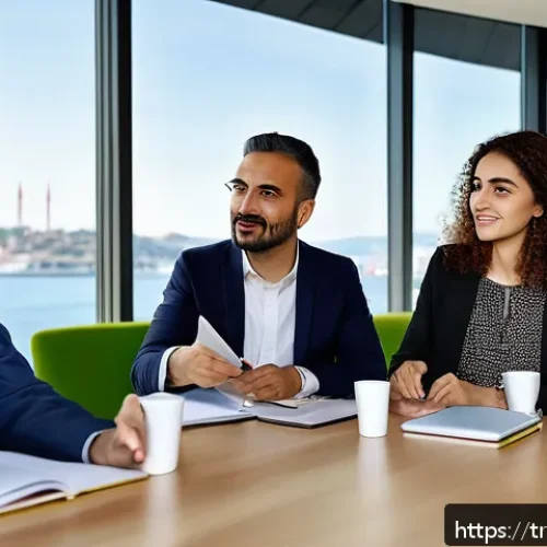 Home 32 스토리텔러 자격증의 글로벌 인증 가능성 - A modern corporate office scene in Istanbul, showing a diverse group of Turkish professionals engage...