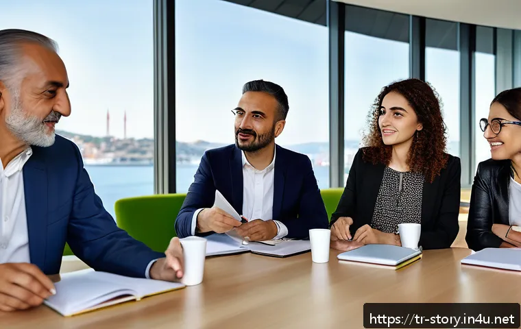 스토리텔러 자격증의 글로벌 인증 가능성 - A modern corporate office scene in Istanbul, showing a diverse group of Turkish professionals engage...