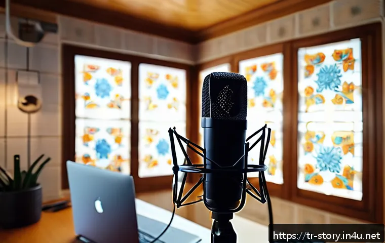 스토리텔러의 기본 장비 및 도구 - A professional podcast recording scene set in a cozy home studio in Istanbul, featuring a Turkish ma...