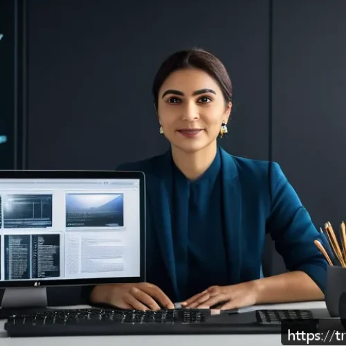 Home 30 스토리텔러 관련 신규 법규 및 정책 - A professional Turkish storyteller working at a modern digital studio desk, wearing modest business ...