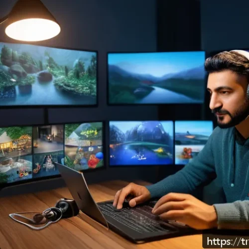 Home 17 스토리텔러 직업의 미래 전망 - A modern Turkish digital storyteller working in a cozy home studio, surrounded by multiple screens d...