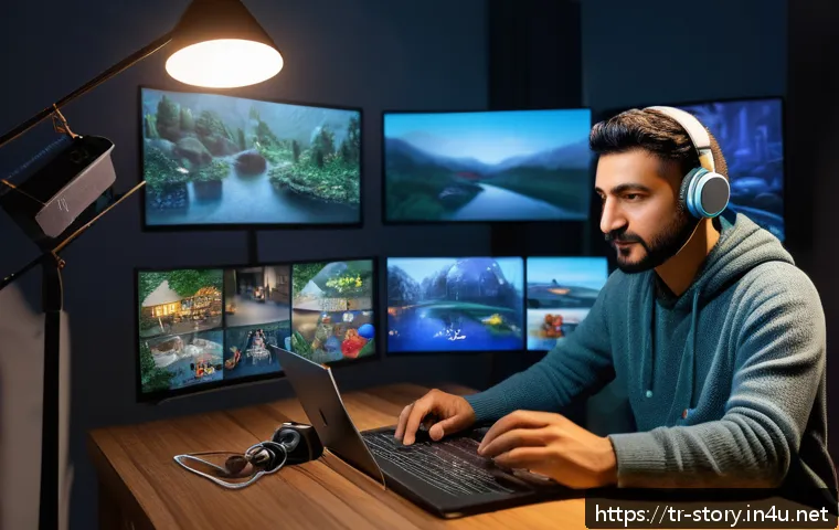 스토리텔러 직업의 미래 전망 - A modern Turkish digital storyteller working in a cozy home studio, surrounded by multiple screens d...