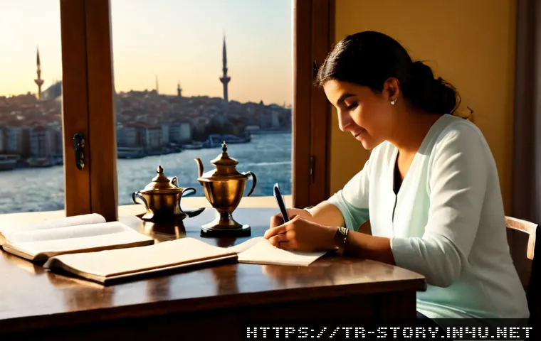 스토리텔러와 관련된 공모전 정보 - Photorealistic Turkish storyteller preparing for a creative competition at a warm wooden desk in Ist...