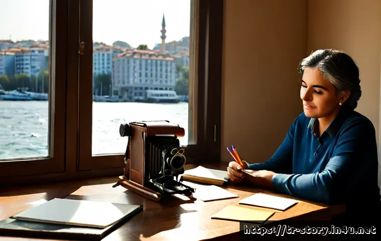 Home 17 스토리텔러 관련 직업군의 필수 기술 - Photorealistic editorial scene of a Turkish storyteller planning a narrative at a sunlit wooden desk...