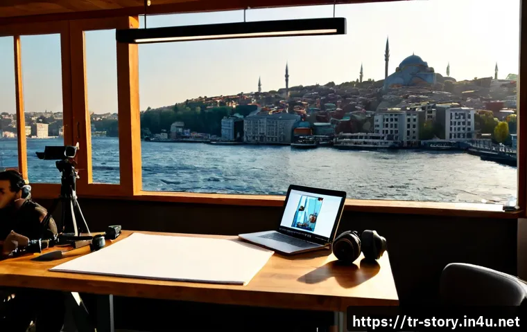 Home 17 스토리텔러 관련 산업 현황 - Photorealistic modern storytelling industry scene in Istanbul, Turkey: a diverse team of Turkish pod...