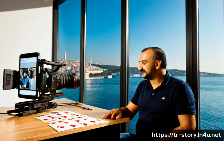 스토리텔러가 된 이후 커리어 성장법 - Photorealistic Turkish storyteller in a bright Istanbul creative studio, confidently recording a per...